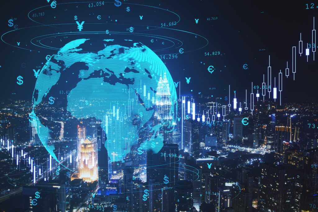 Digital global economy concept showing world map with financial data, currency symbols, and market charts over a city skyline at night