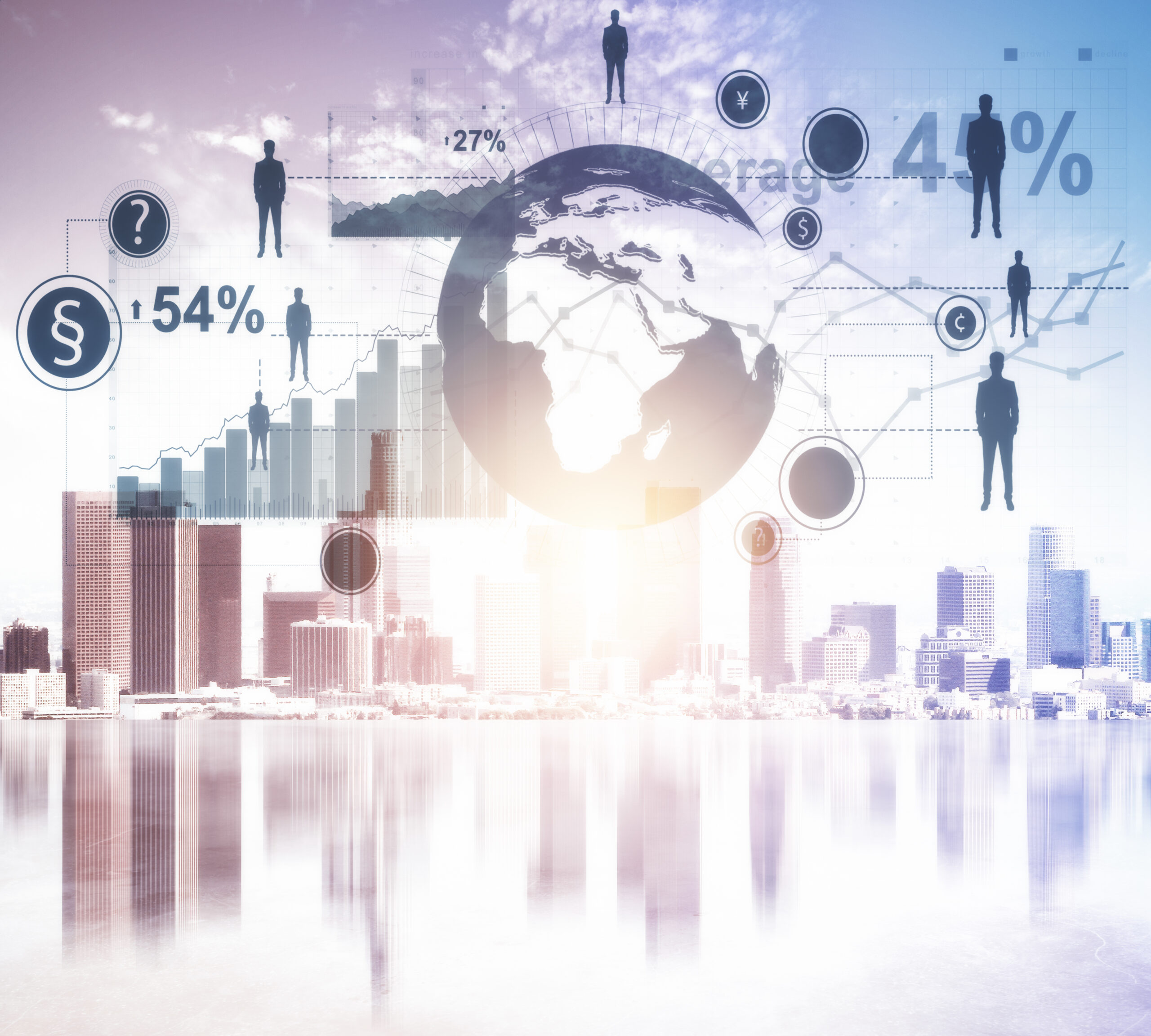 Global financial market analytics displayed over a city skyline with data charts, economic indicators, and a world map representing international business trends.