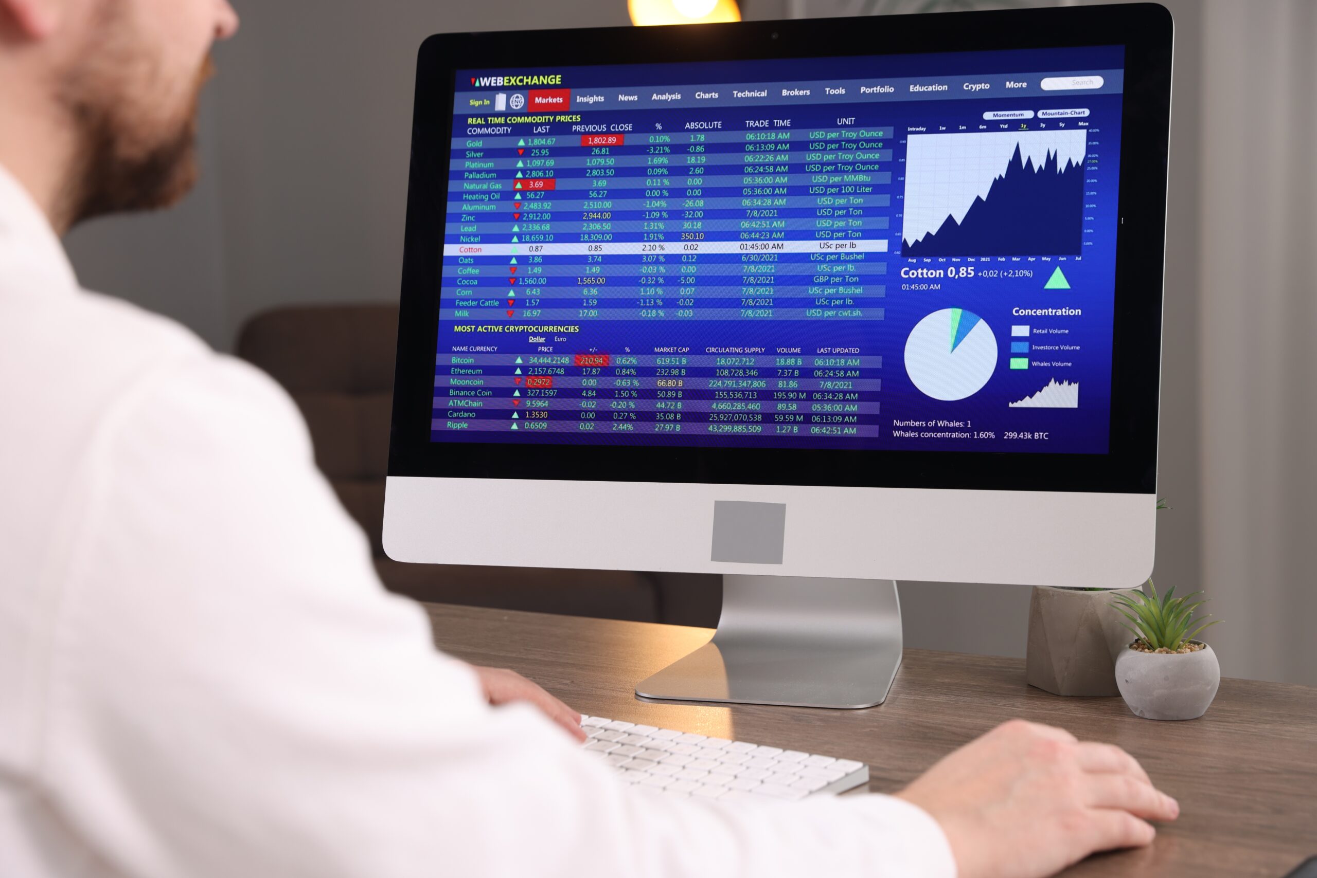 Financial professional reviewing investment market data and performance charts on a desktop computer for portfolio analysis.